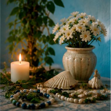 Fotografia de vela acesa ao lado de flores claras