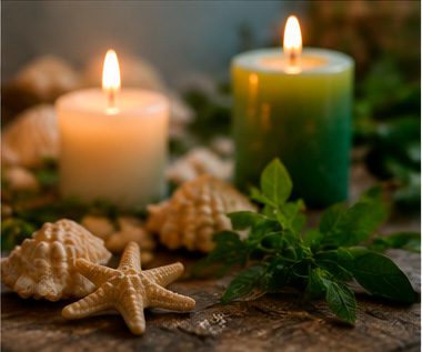 Fotografia de velas acesas com conchas e elementos naturais